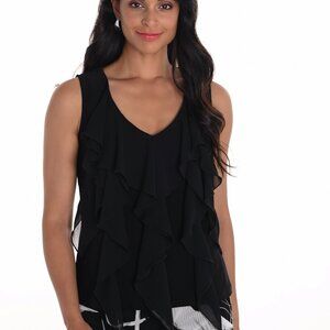 251019 Black Sleeveless Top with Ruffles by FRANK LYMAN